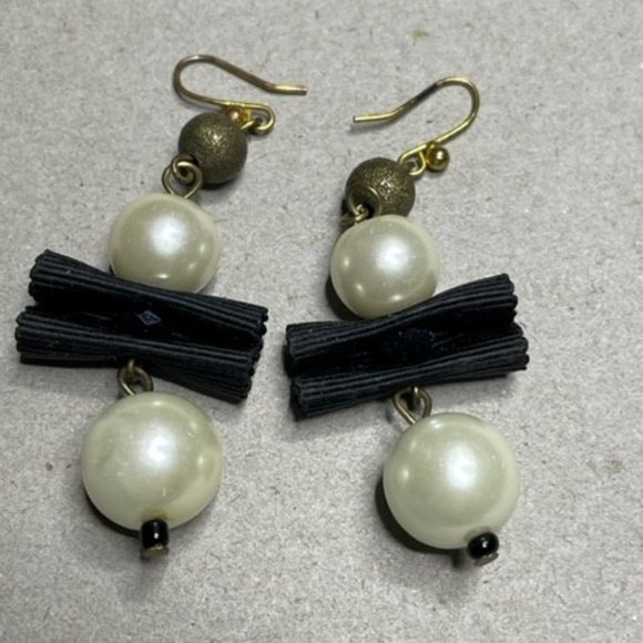 Chicos Faux Pearl and Black Ribbon, Gold Encrusted Bead Dangle Earrings - Picture 3 of 4